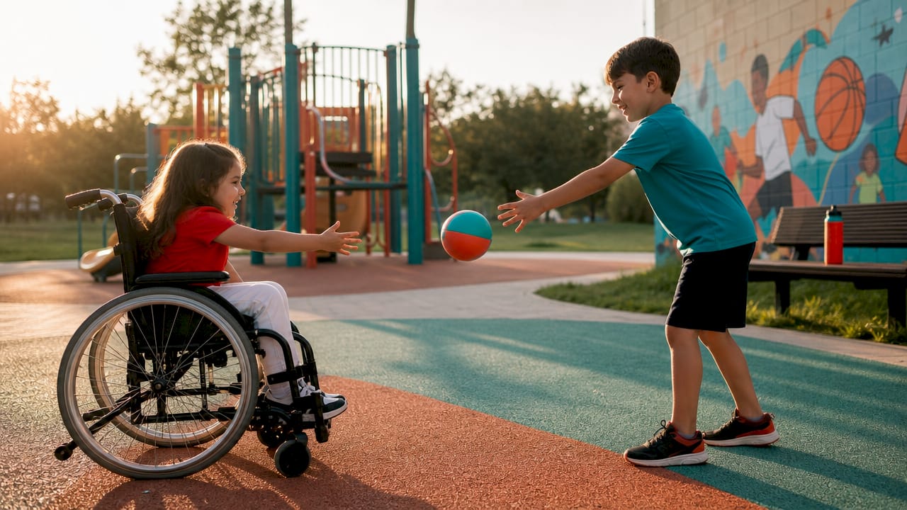 Two children playing FunEball together outdoors