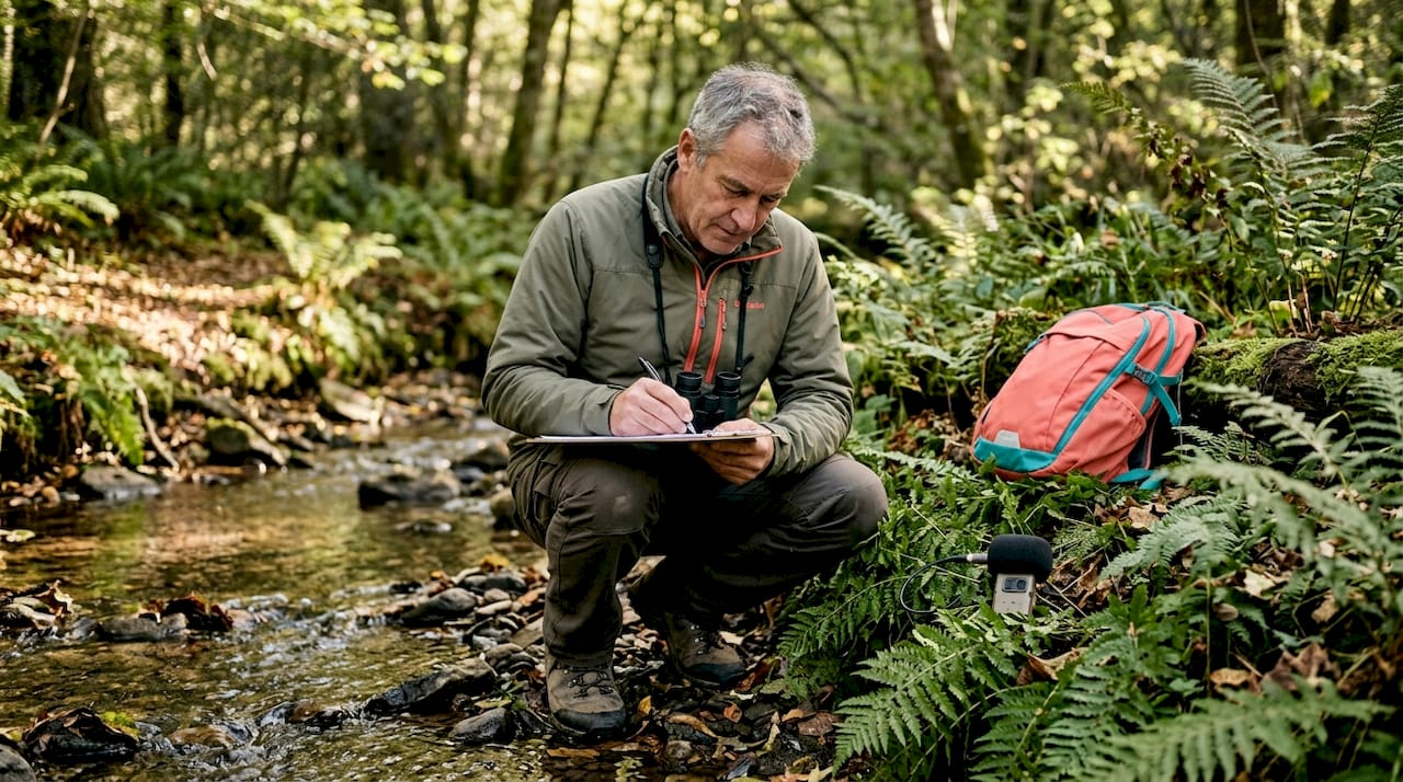 Biologist monitoring wildlife noise effects outdoors