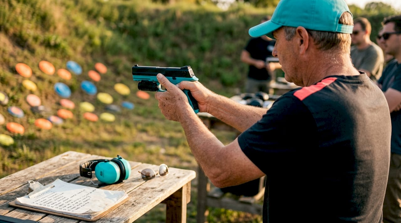 Hands demonstrating laser clay pistol safety and technique