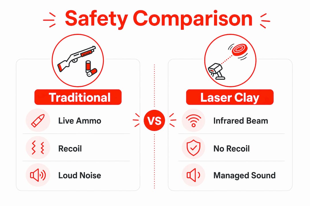 Infographic comparing laser clay safety to traditional shooting