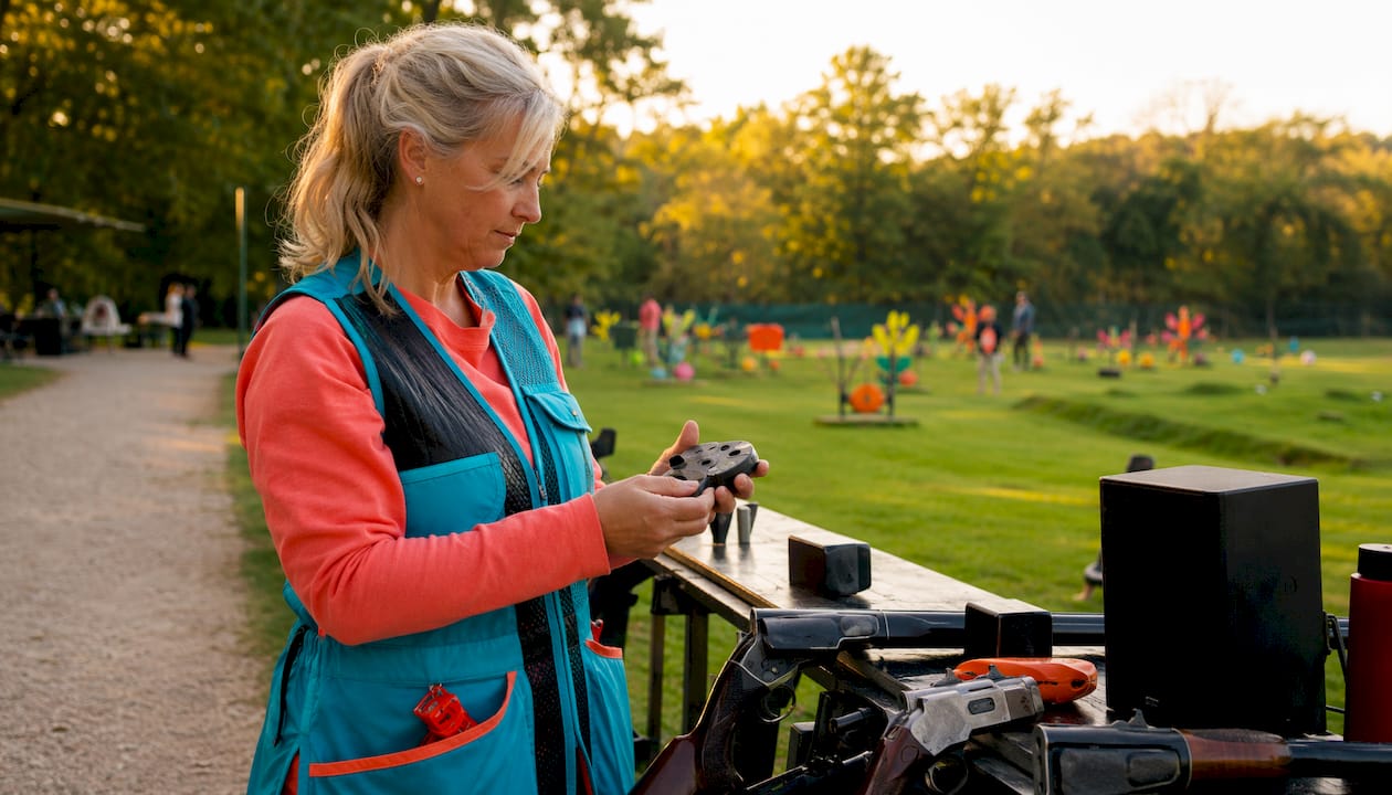 Woman examining interactive shooting training systems indoors