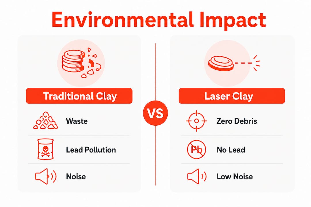 Infographic comparing environmental impacts of clay shooting methods
