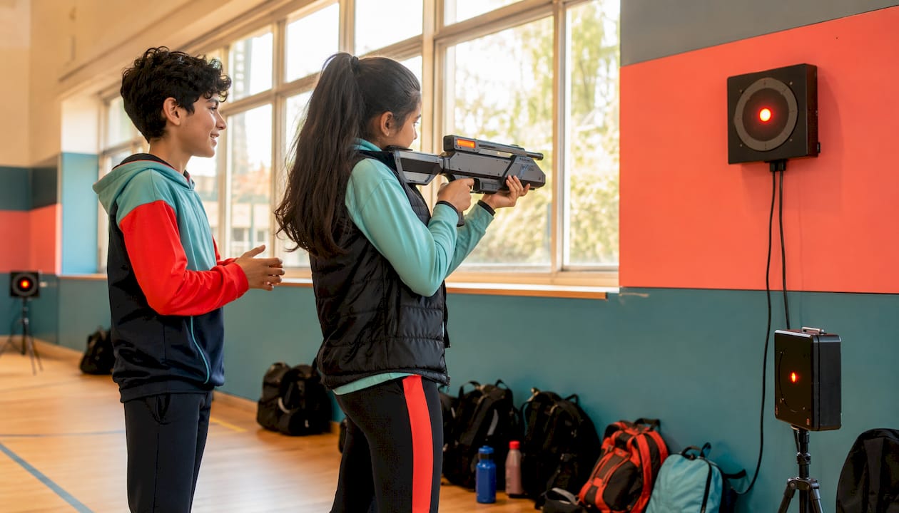 Students practicing laser clay shooting outdoors