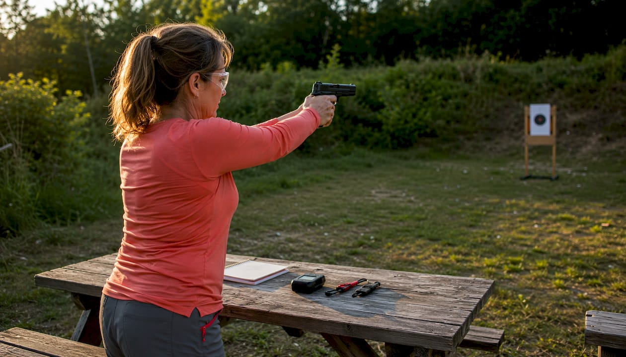Woman performing dry fire laser training indoors