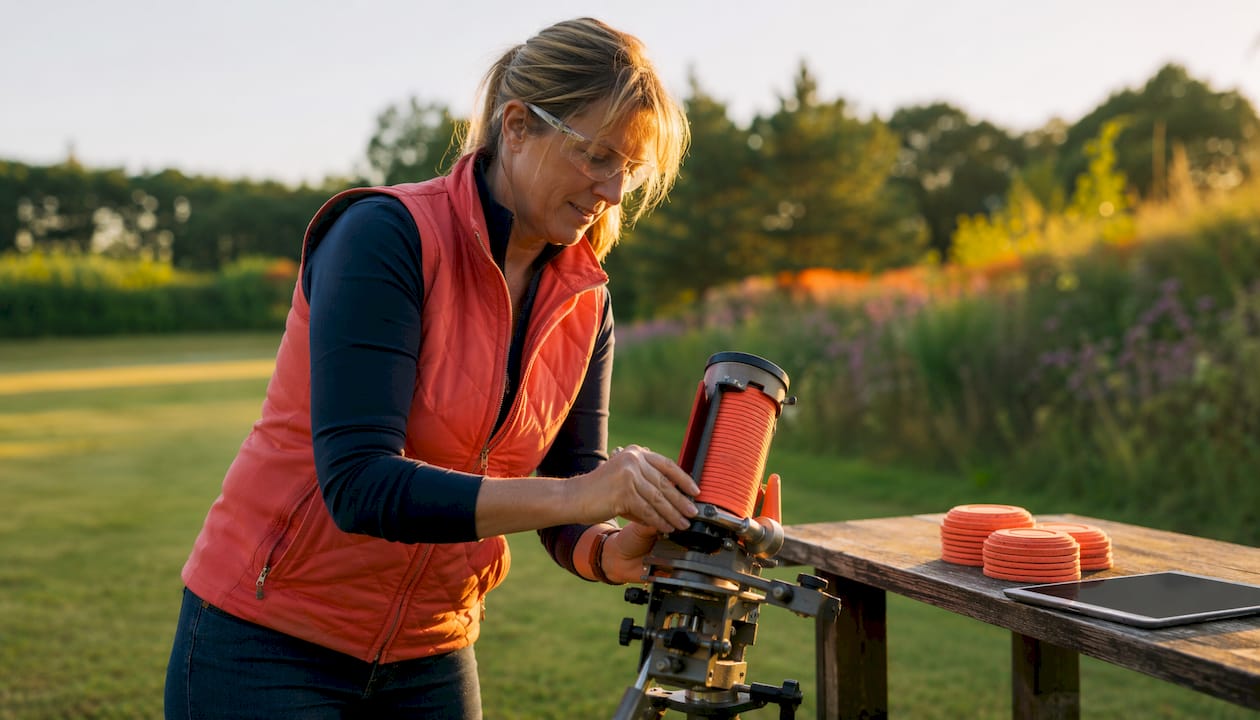 Instructor adjusting eco-friendly clay shooting device