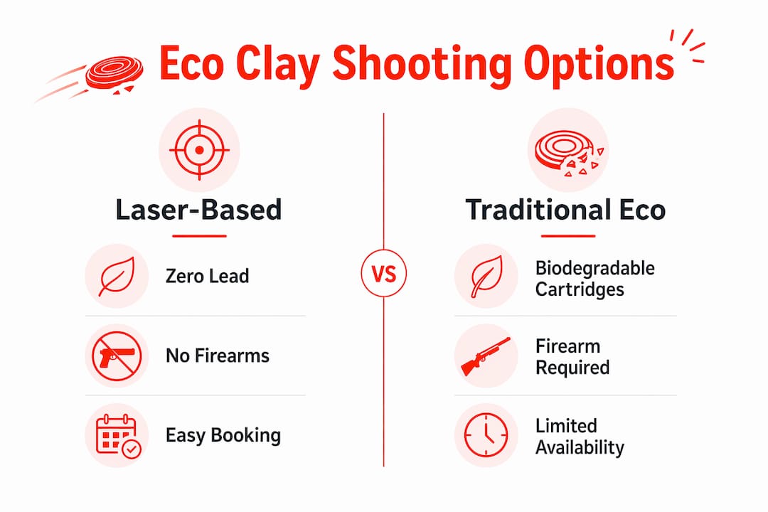 Infographic comparing laser-based and traditional eco-friendly clay shooting options