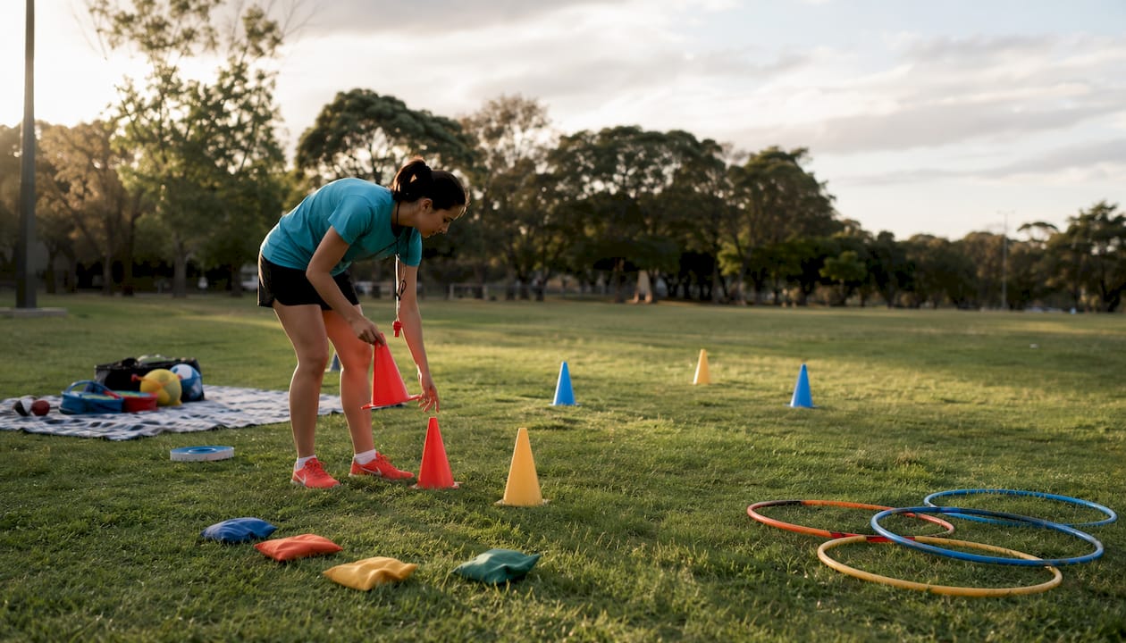 Teacher setting out sports day equipment on field
