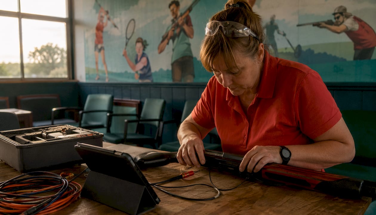 Technician adjusting electronic laser clay setup indoors