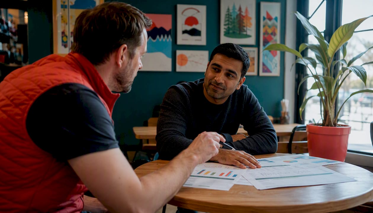 Two men reviewing shooting cost comparison charts