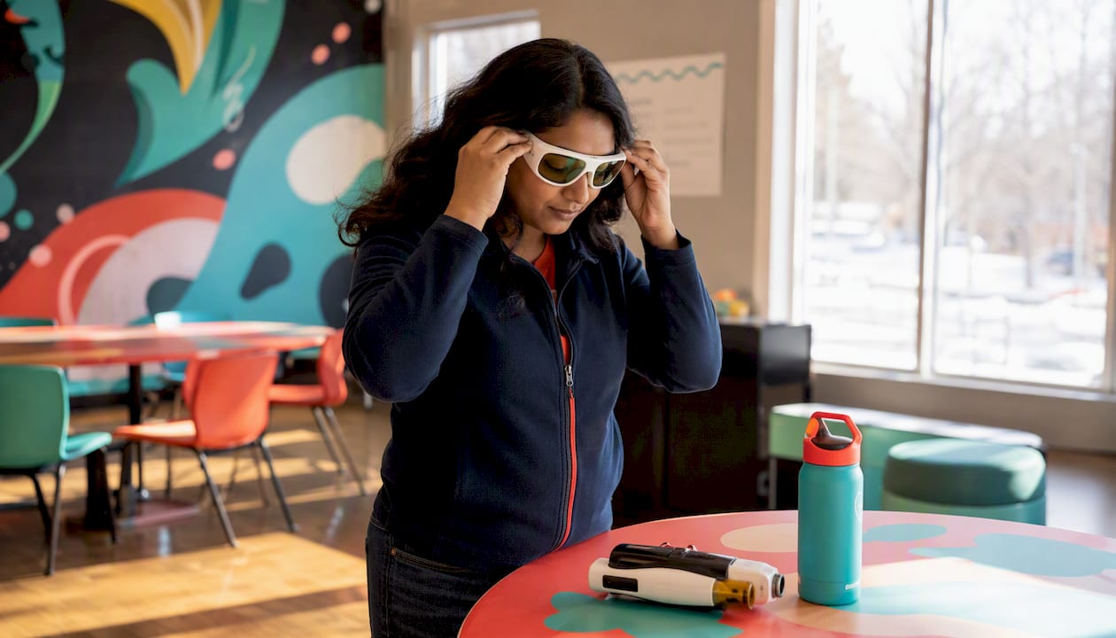 Hands adjusting laser clay safety goggles indoors