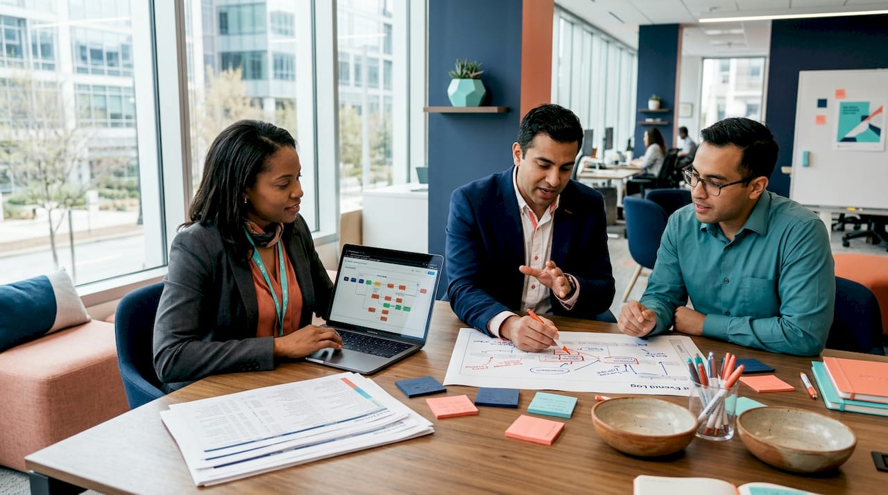 Team reviews workflow maps in meeting room