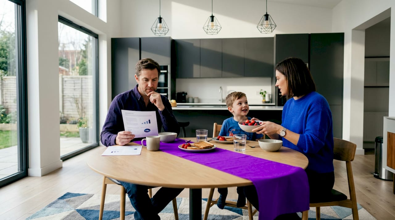 Family eating breakfast in bright modern dining area