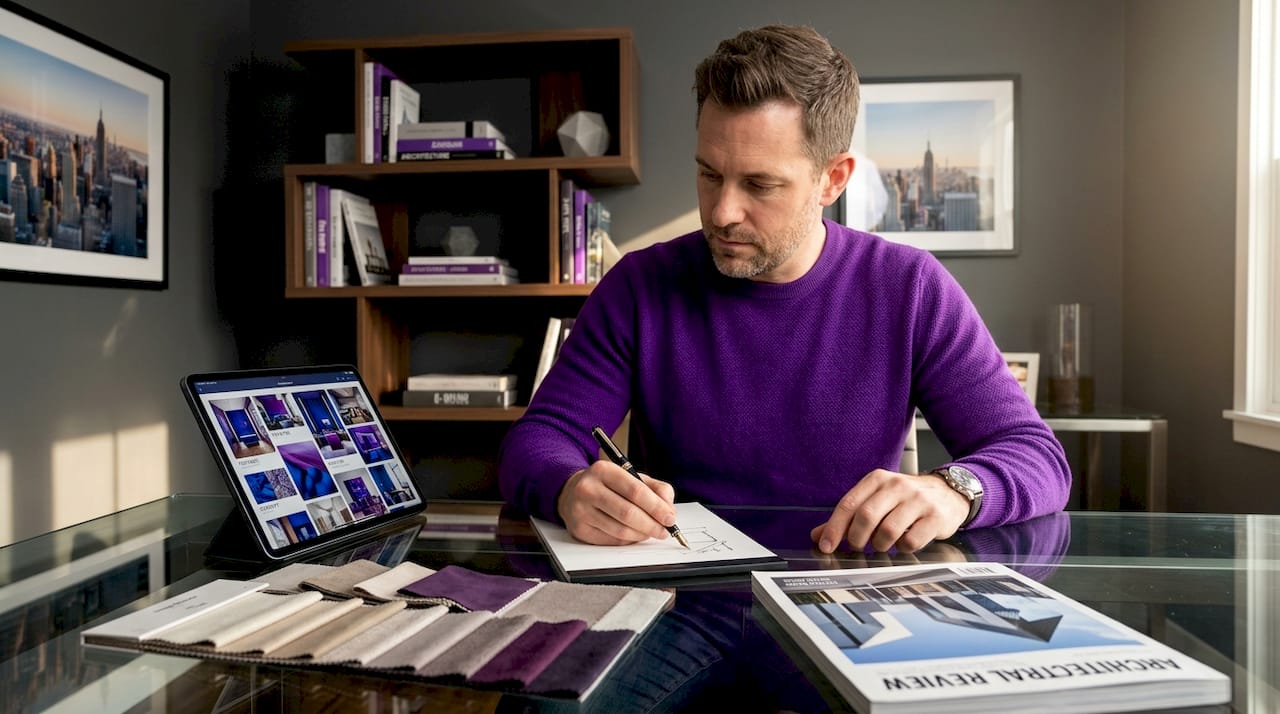 Home office planning with material samples and notes