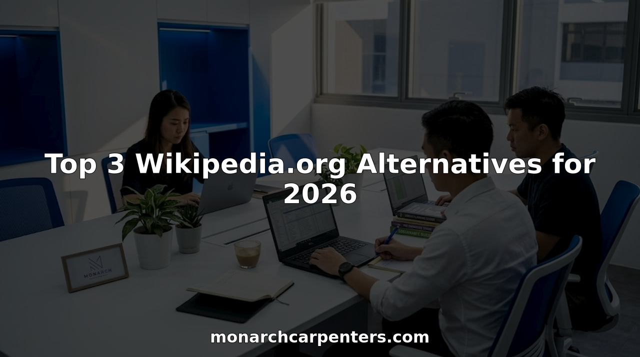 Team discussing alternatives to Wikipedia at worktable