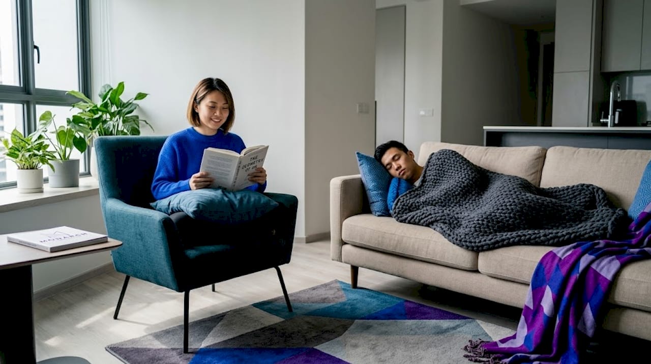 Home scene with layered, inviting textiles
