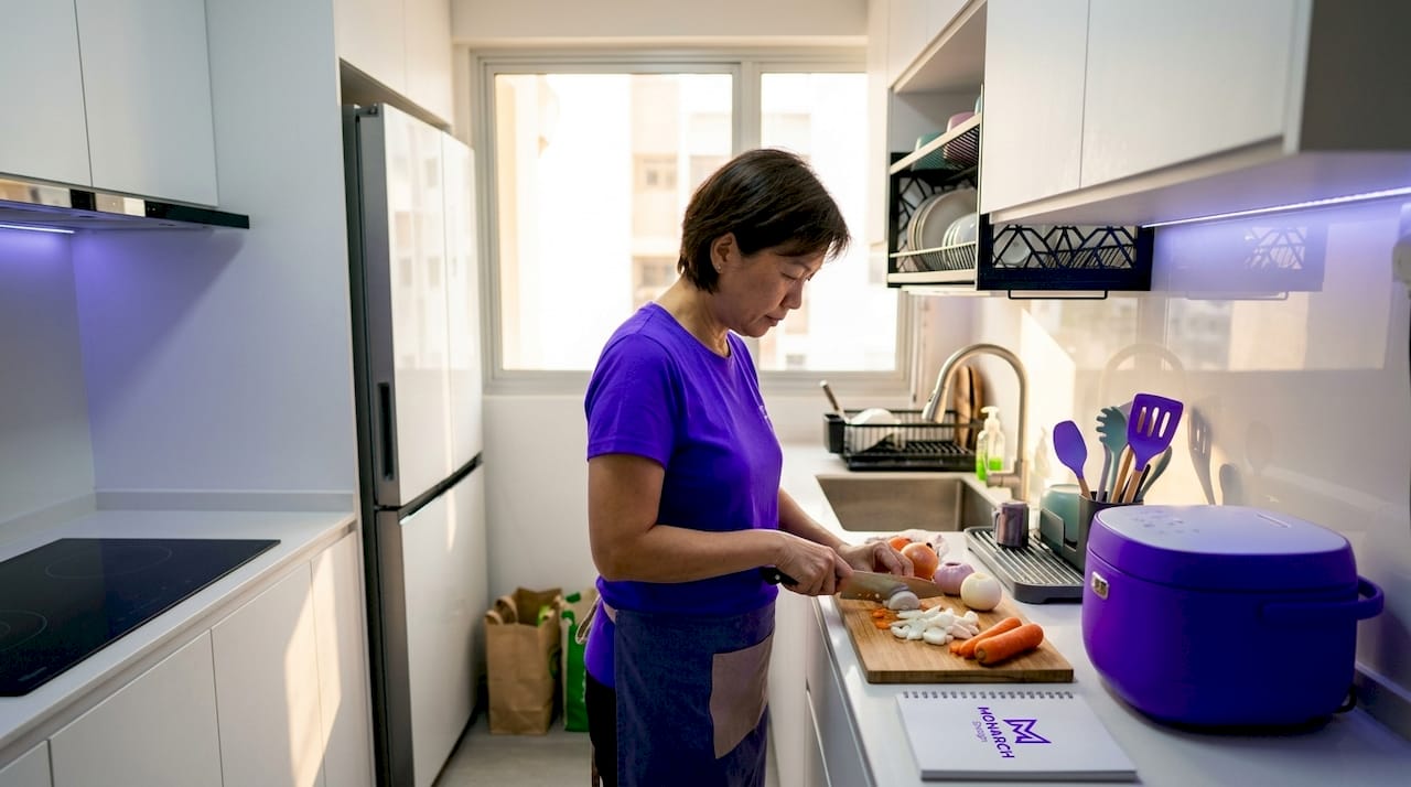 Woman preparing food in single-wall Singapore kitchen