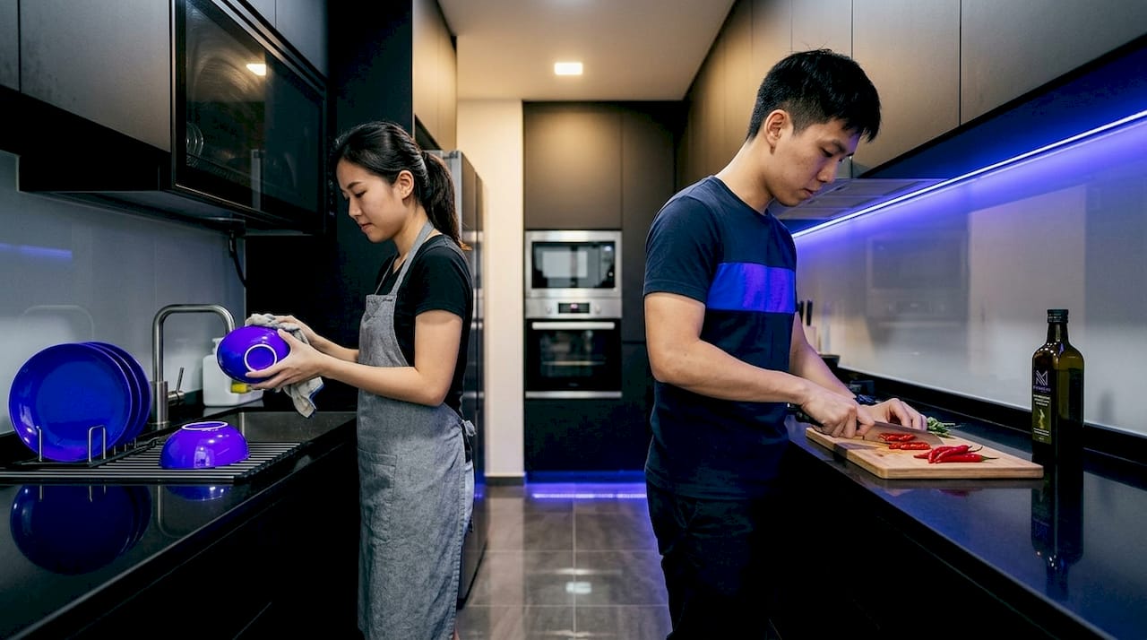 Couple working in narrow galley kitchen