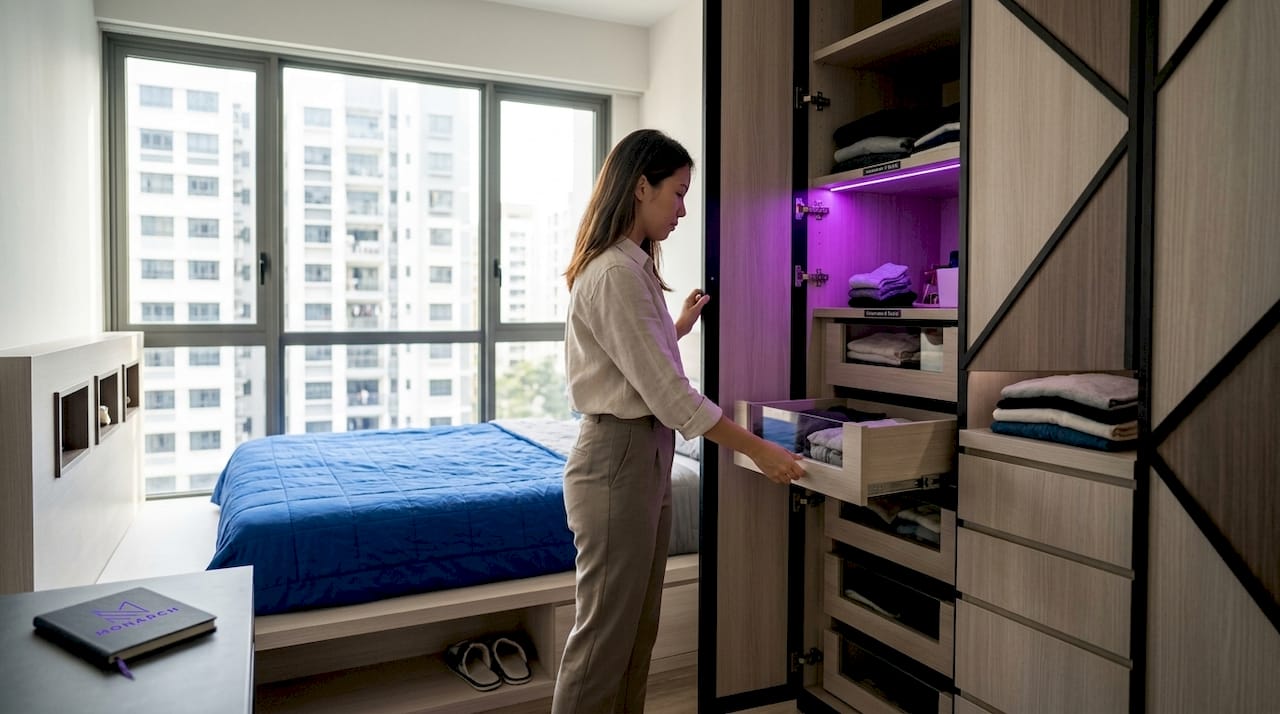 Homeowner using custom built-in wardrobe for storage