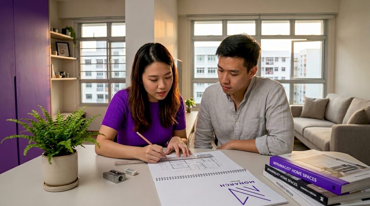 Couple sketching home floor plan in HDB