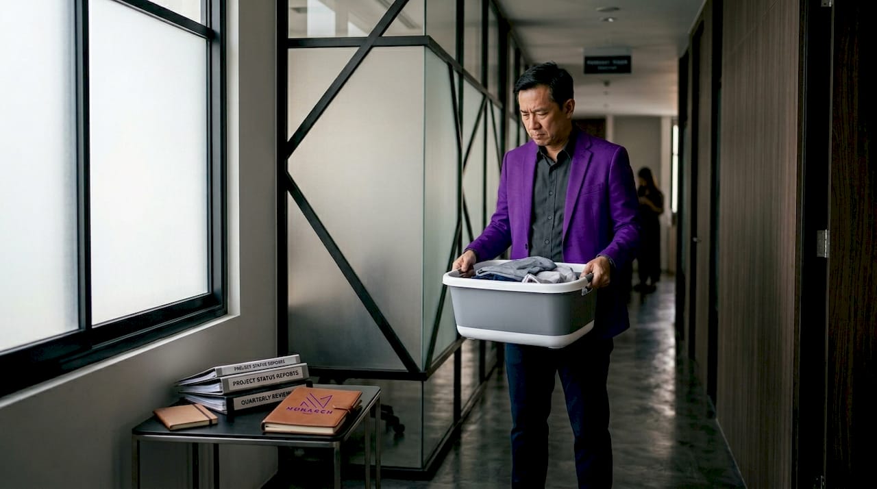 Man blocked by clutter in hallway bottleneck