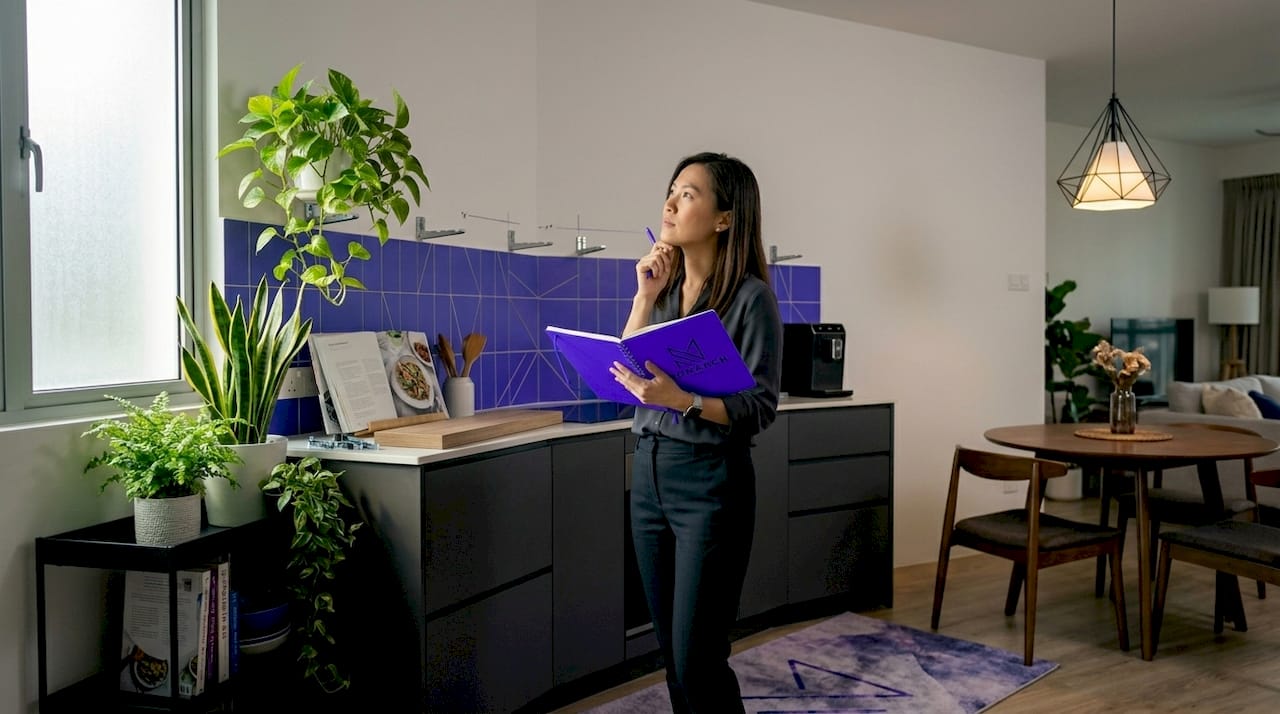 Homeowner planning interior design in living room
