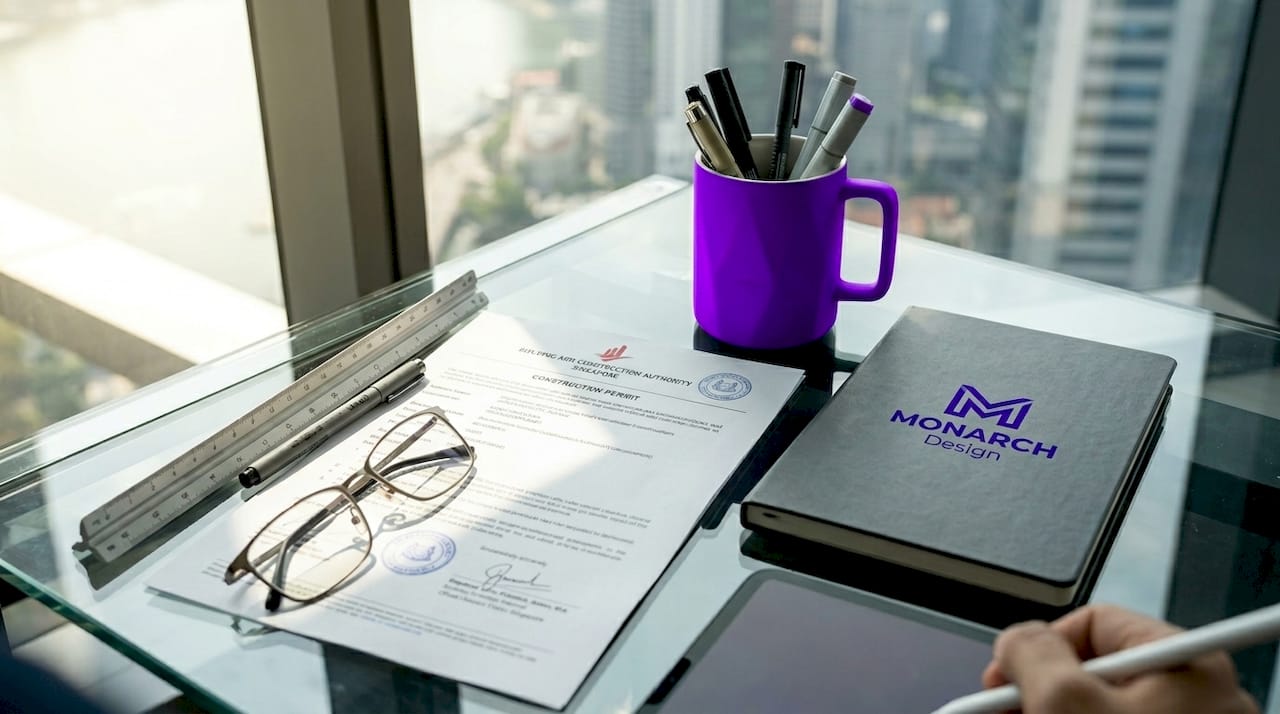 Close-up of BCA permit on desk with tools