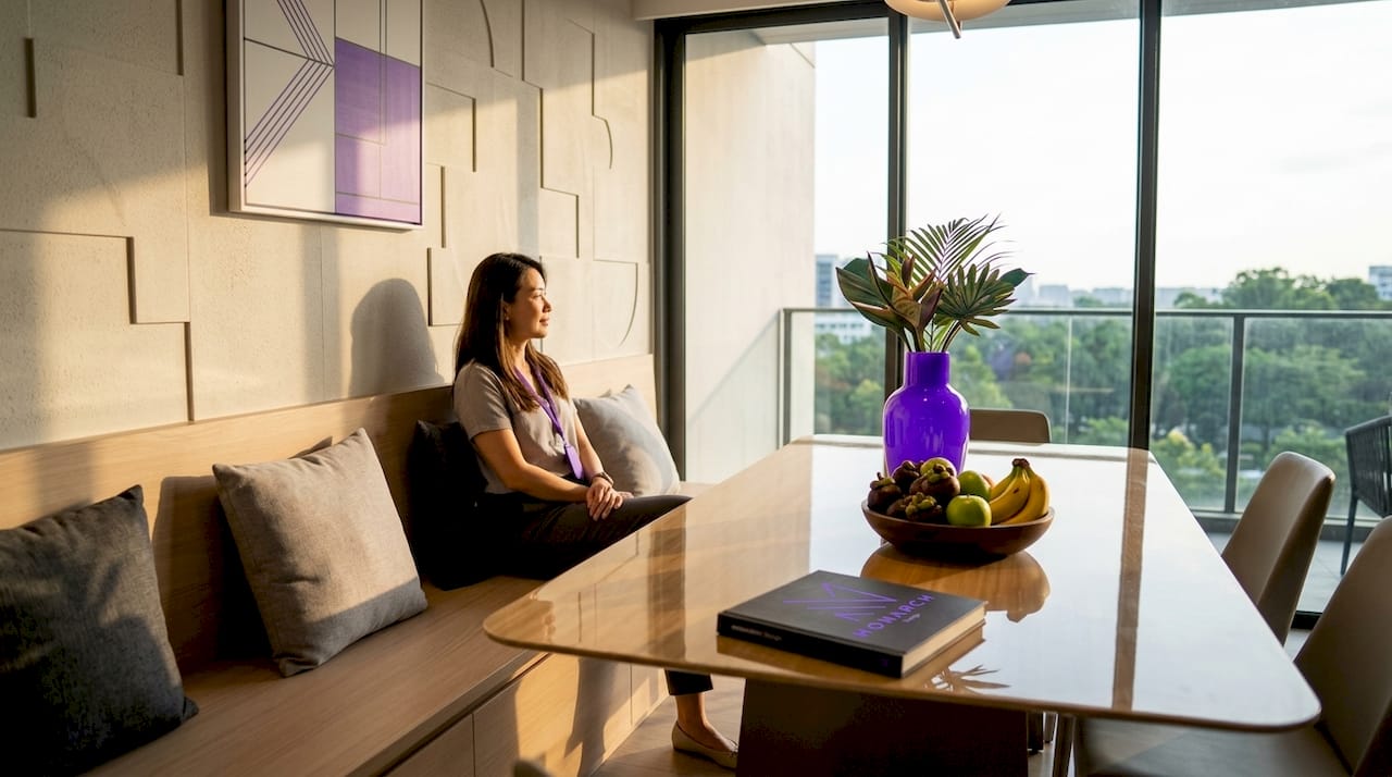 Built-in dining bench in Singapore home dining area