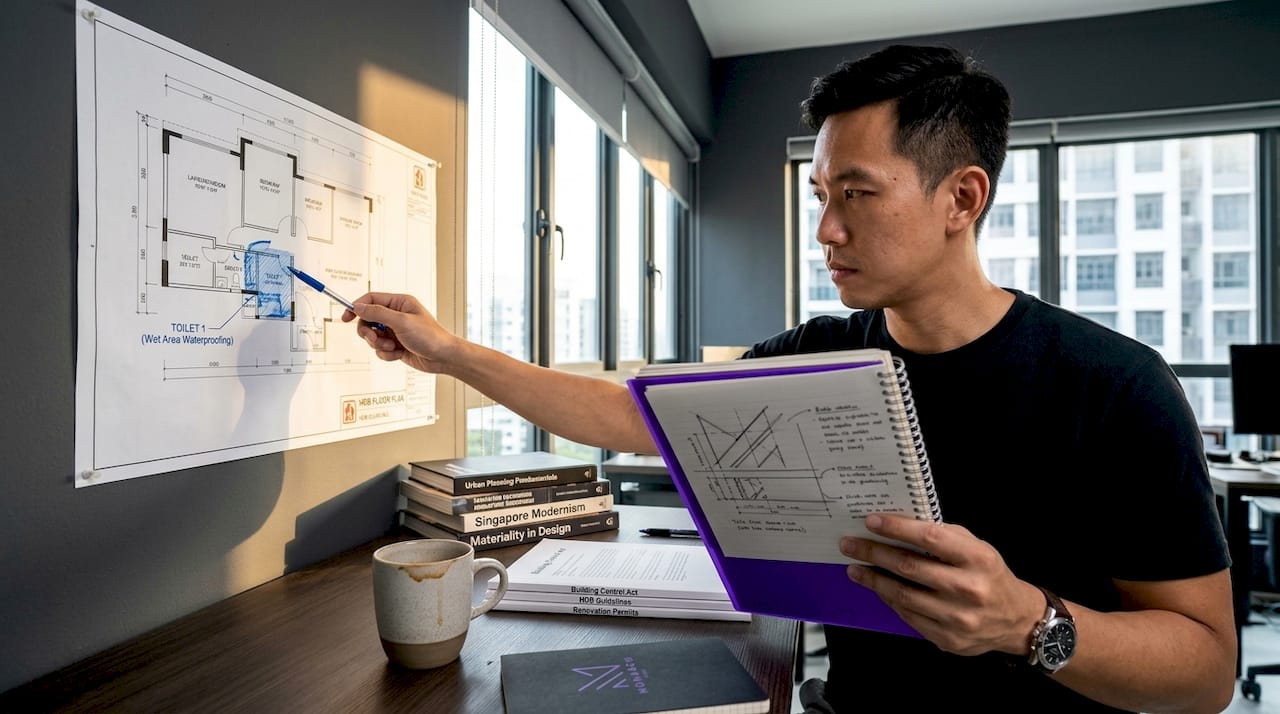 Designer explaining Singapore HDB regulations on blueprint