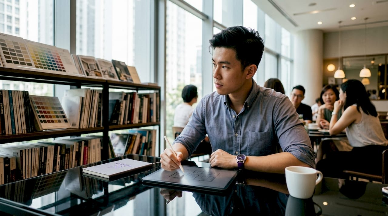 Young man using digital interior design tools