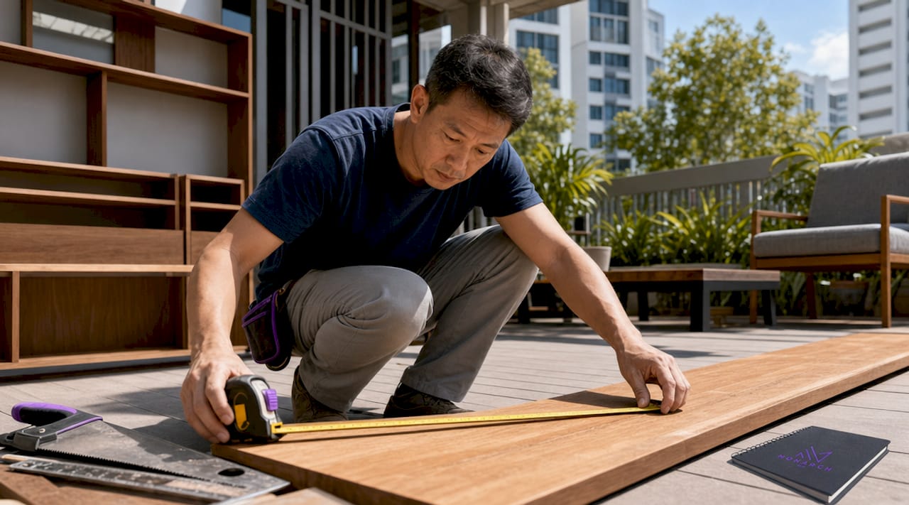 Carpenter measuring wood plank indoors