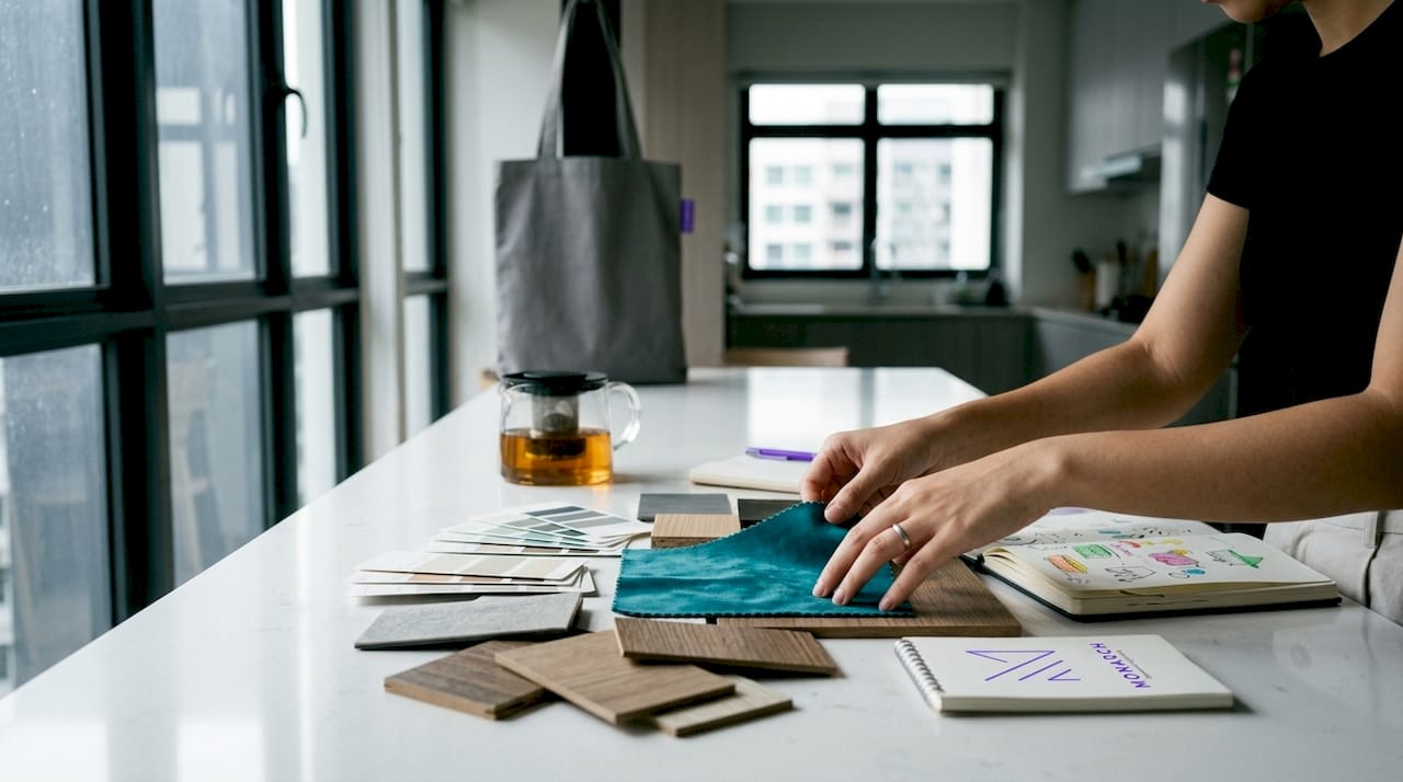 Overhead view of hands arranging interior materials on table