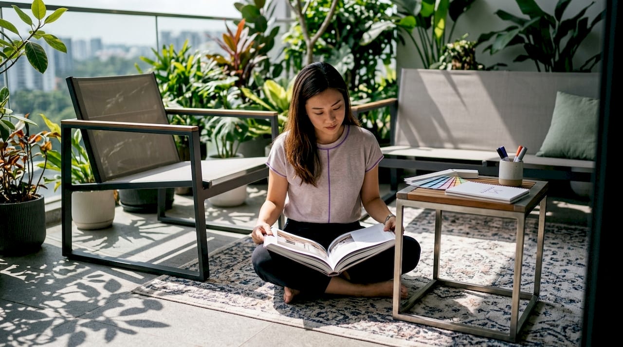 Woman reviewing interior design book in living room