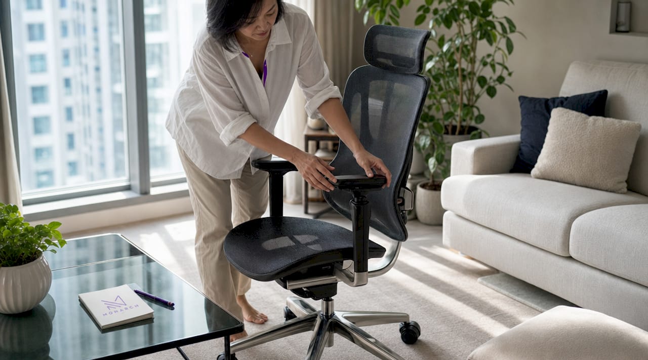 Woman adjusting ergonomic chair in home office