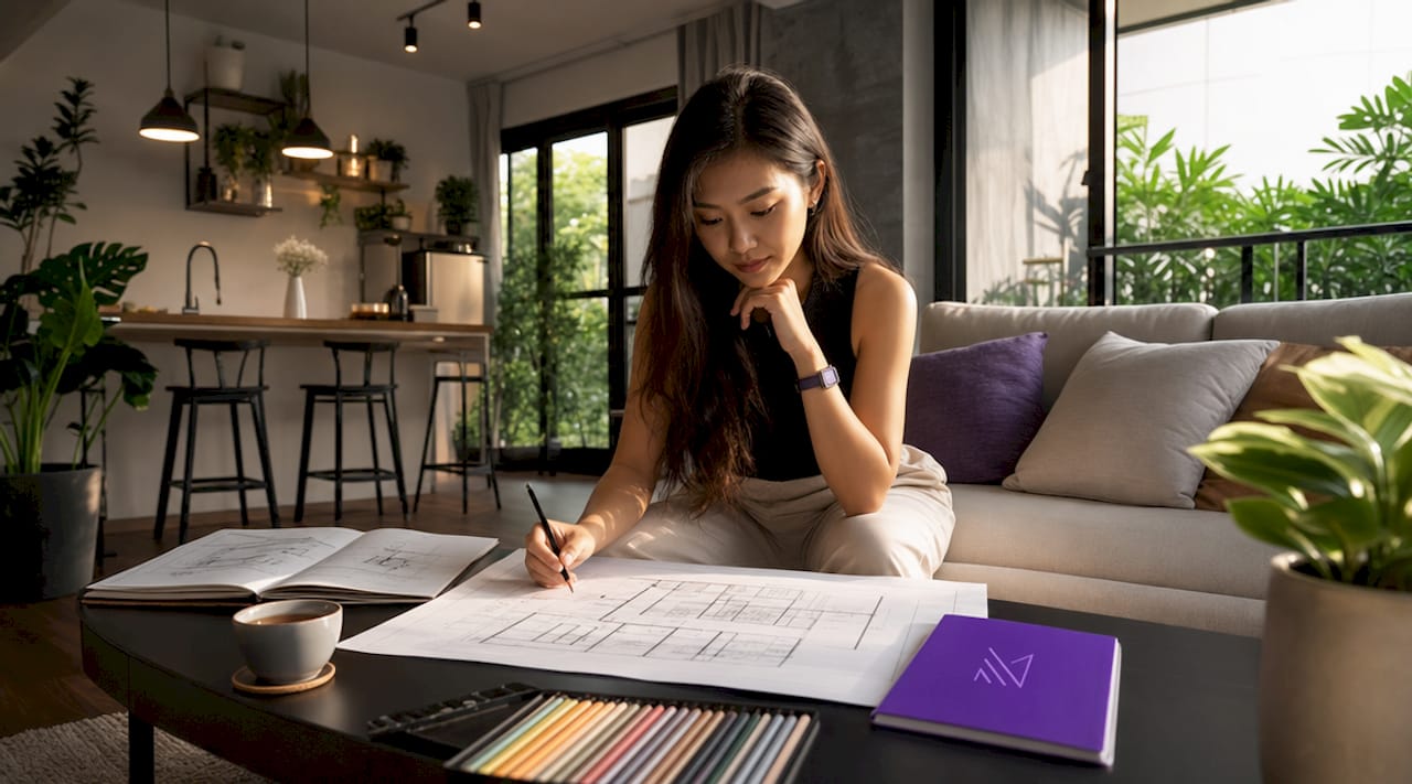 Woman reviewing open concept home blueprint