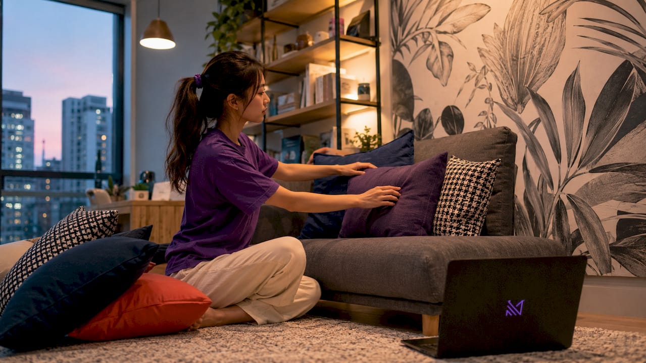 Woman arranging cushions in small urban living room