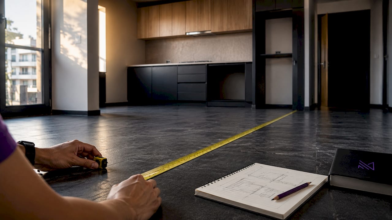 Hands measuring kitchen width for layout planning