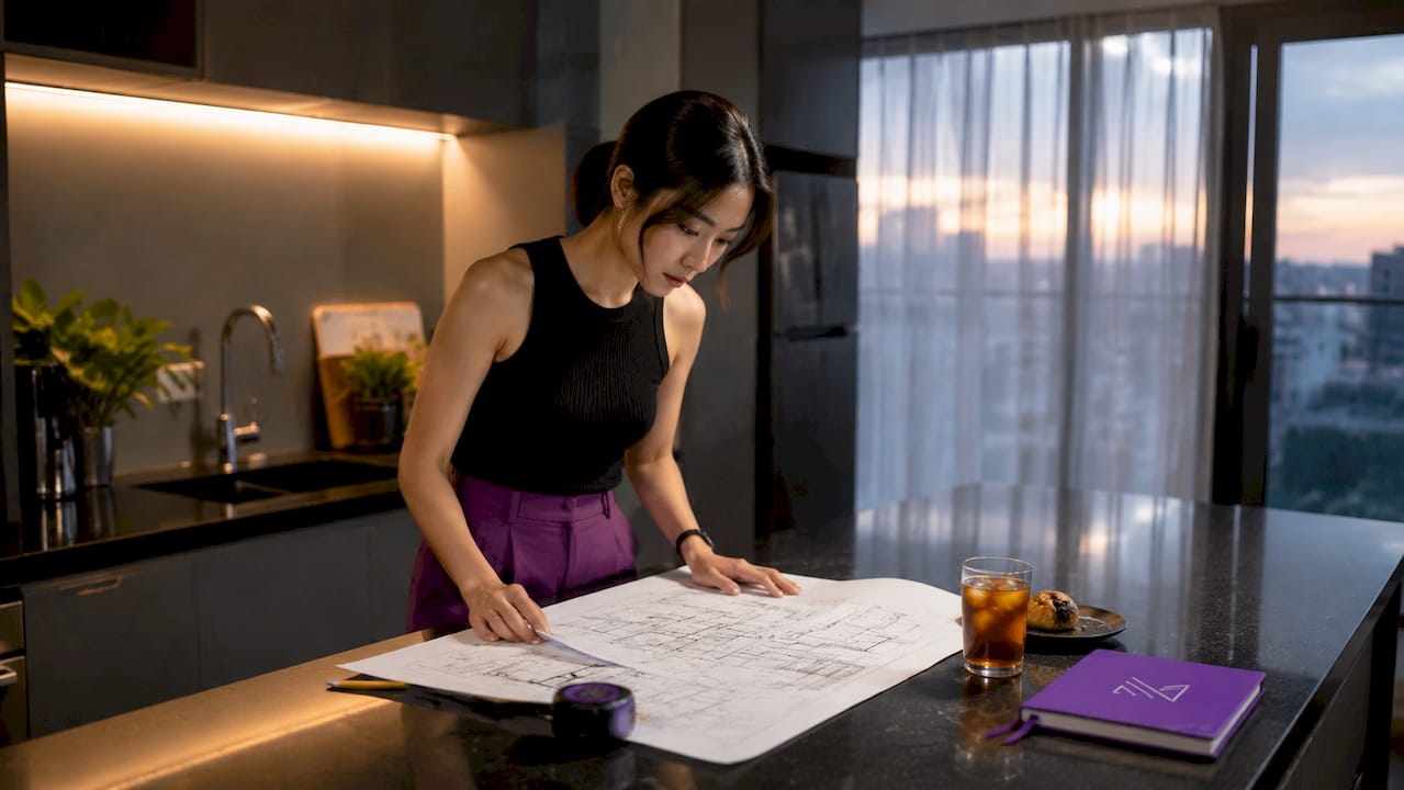 Person reviewing kitchen layout plans in new flat