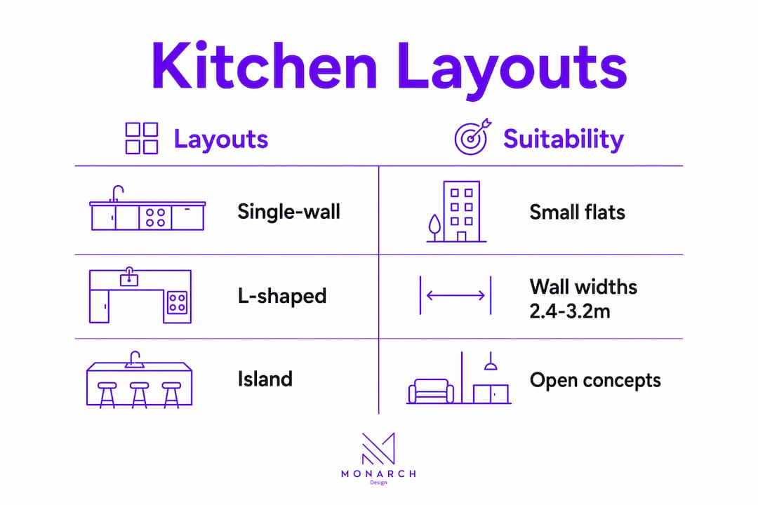 Infographic comparing kitchen layout types and suitability
