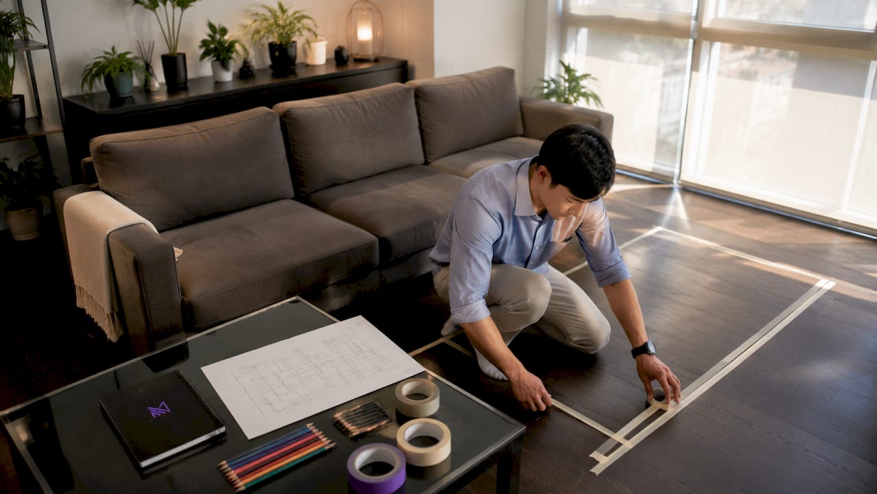 Interior designer marking furniture layout in living room