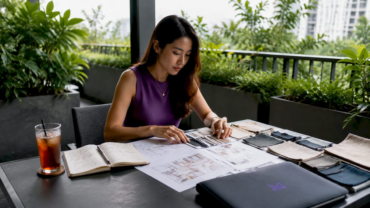 Hands selecting furniture swatches on table