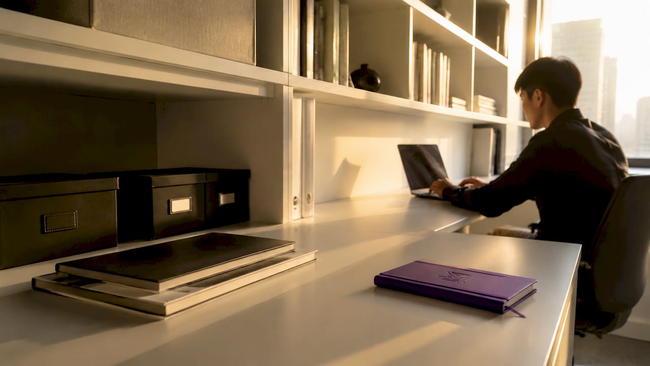 Close-up of integrated desk and shelving carpentry