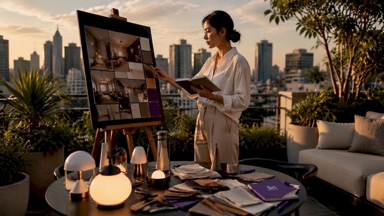Interior designer reviewing lighting design samples