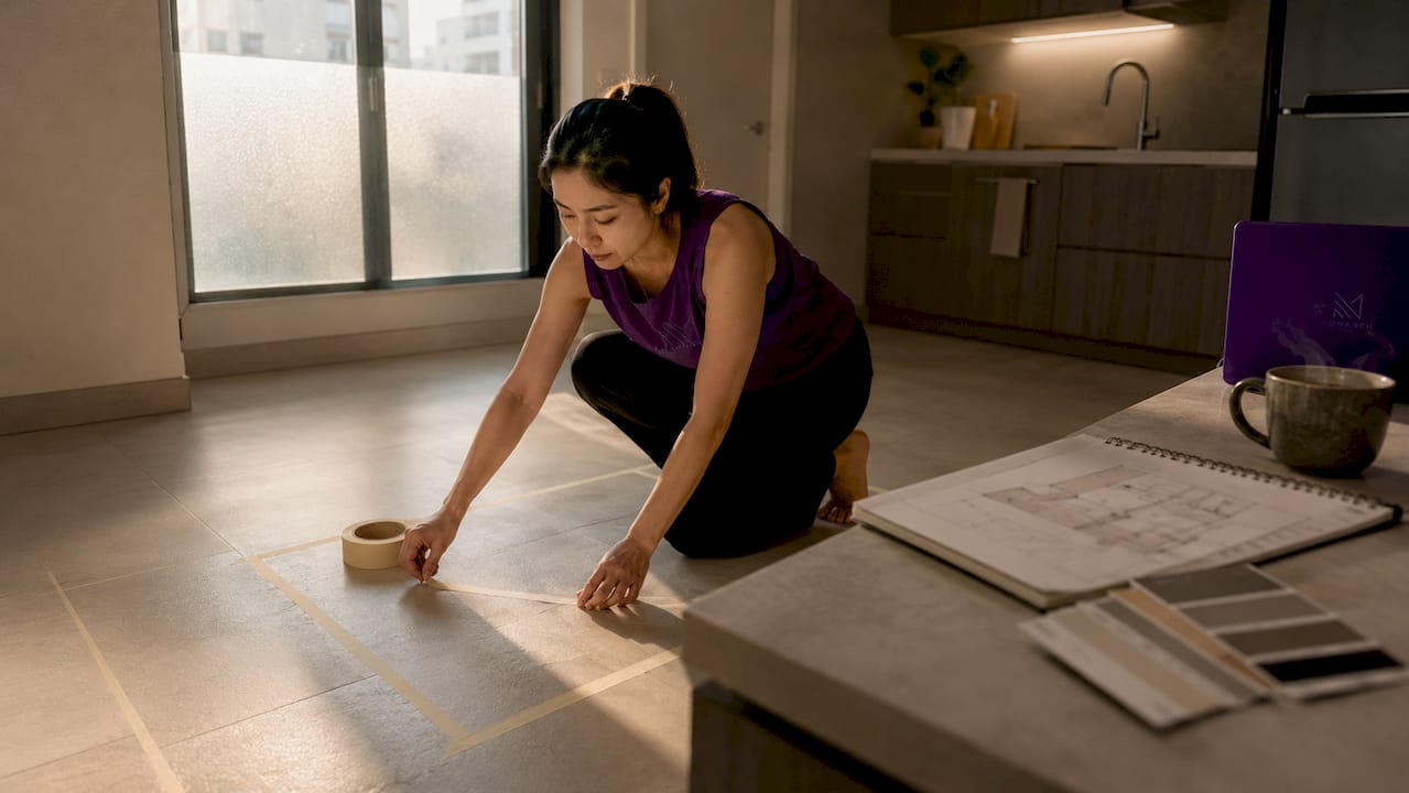 Woman outlining home office space with tape