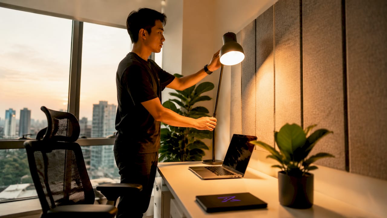 Man adjusting desk lamp in home office