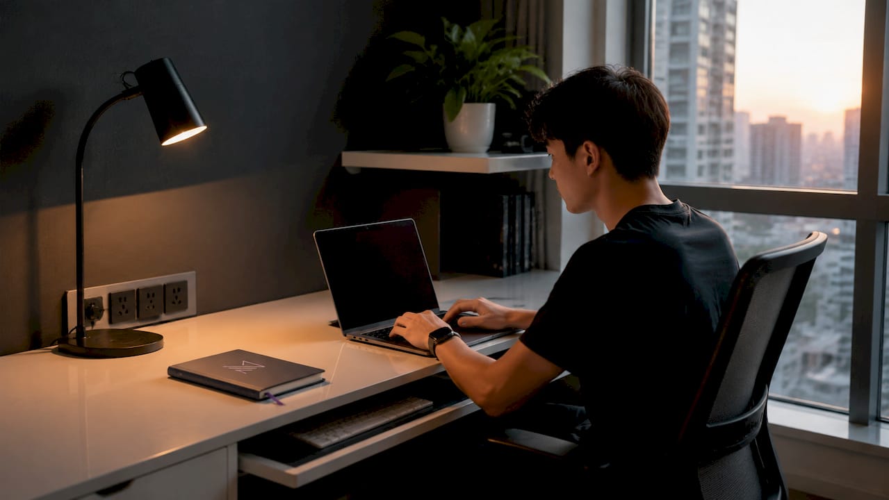 Built-in desk detail with keyboard tray and power outlet