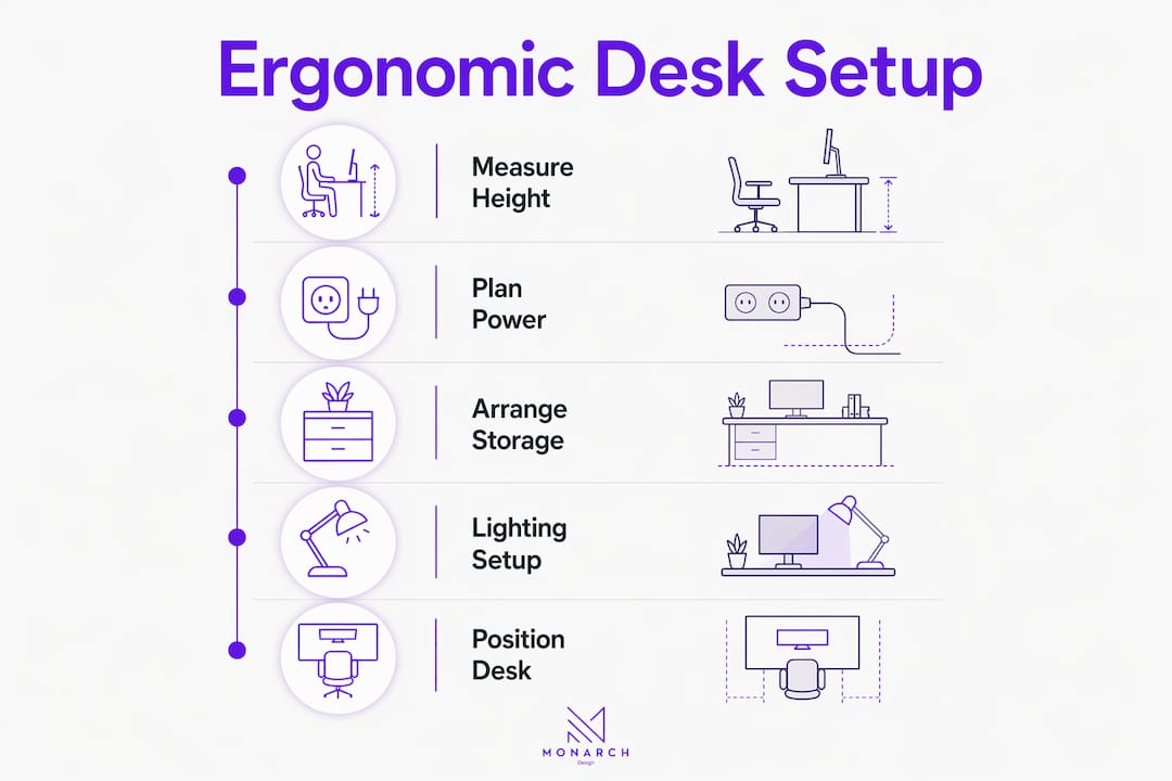 Infographic showing ergonomic desk setup steps
