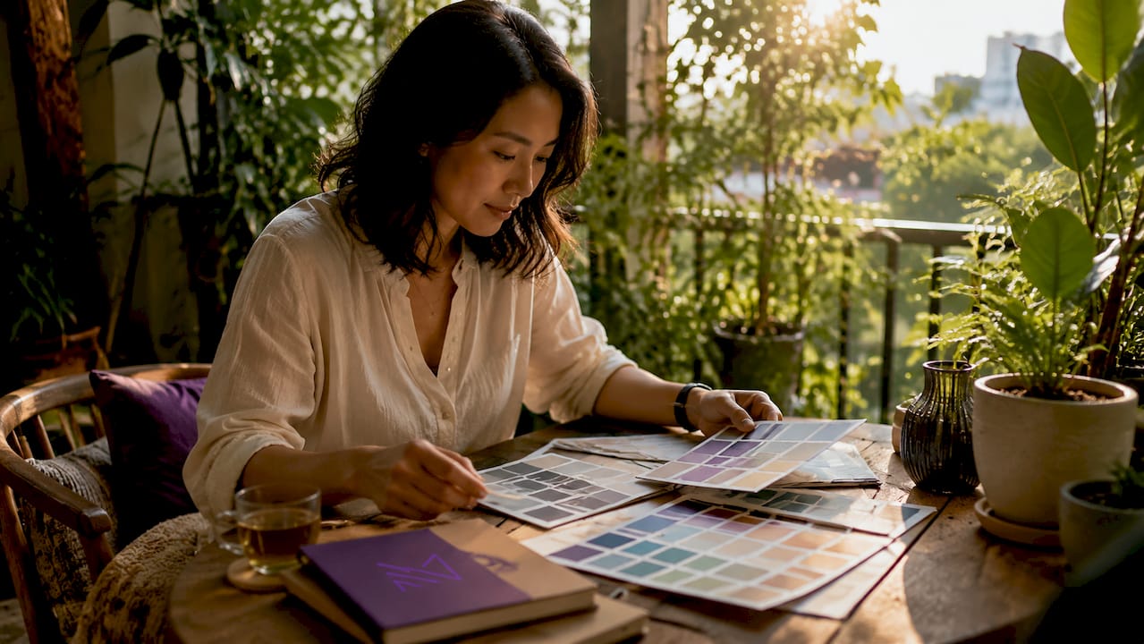 Asian woman reviewing home color swatches