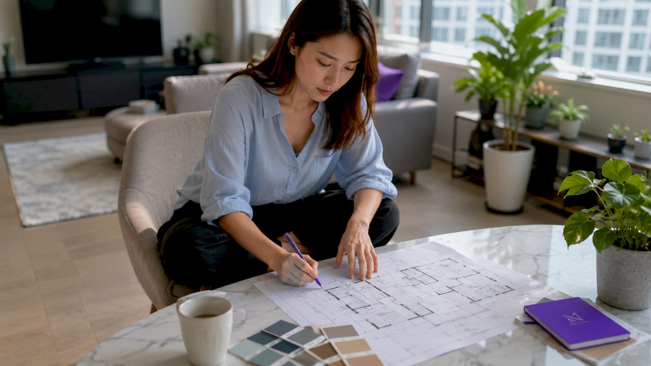 Singaporean homeowner reviewing floor plan in design studio
