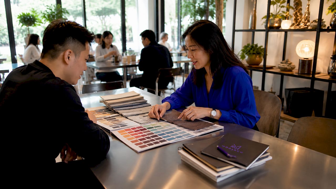 Hands reviewing fabric swatches and notes in consultation