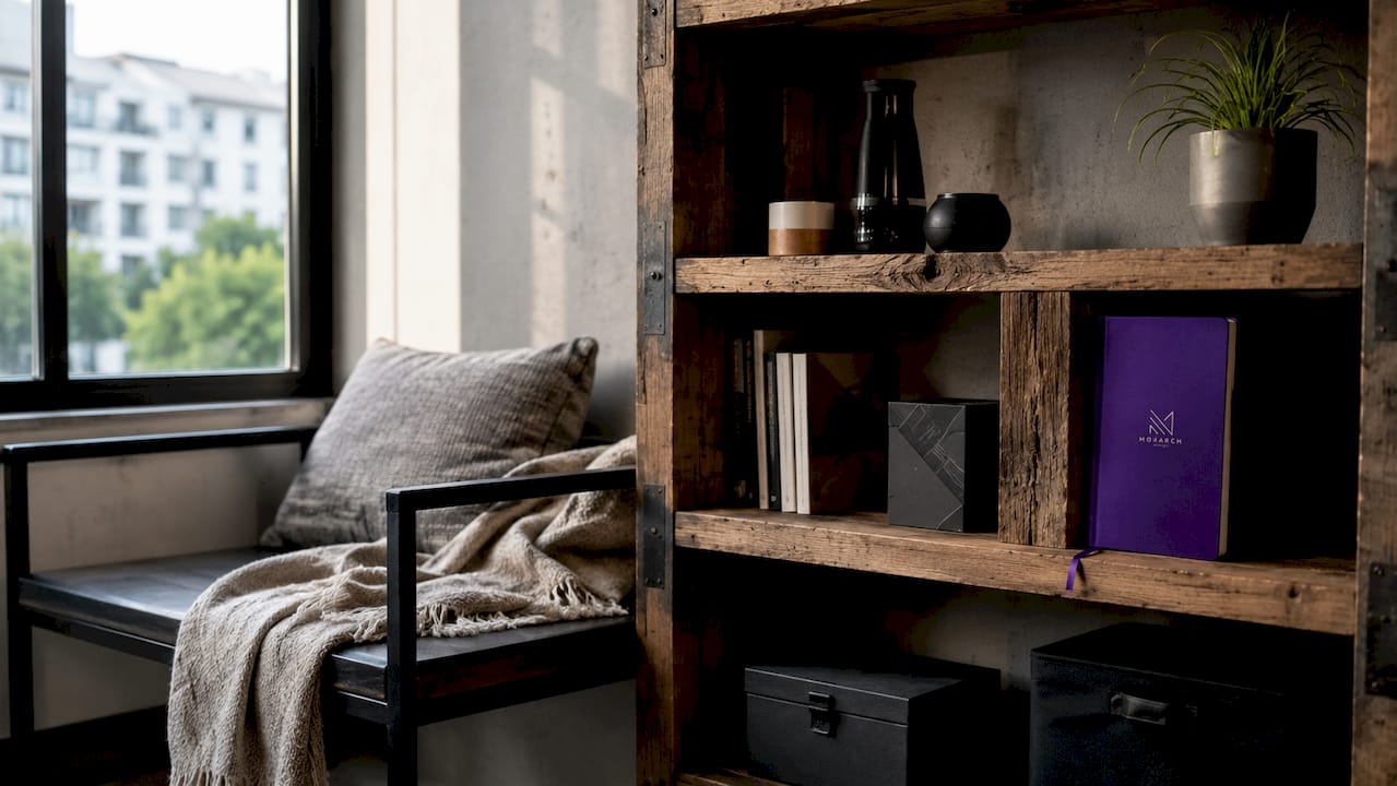 Reclaimed wood table and iron chair corner with rattan